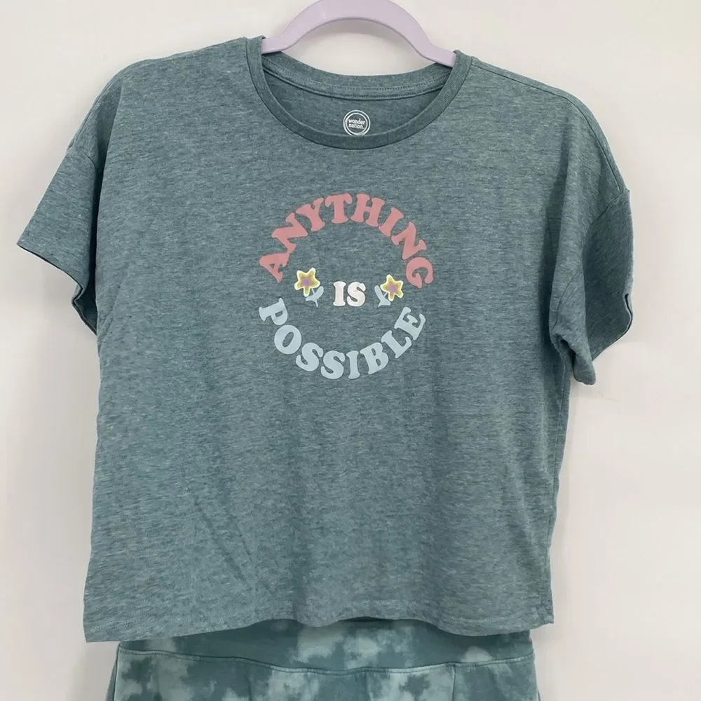 Wonder nation outfit girls green shirt & skort anything is possible XL 14/16
